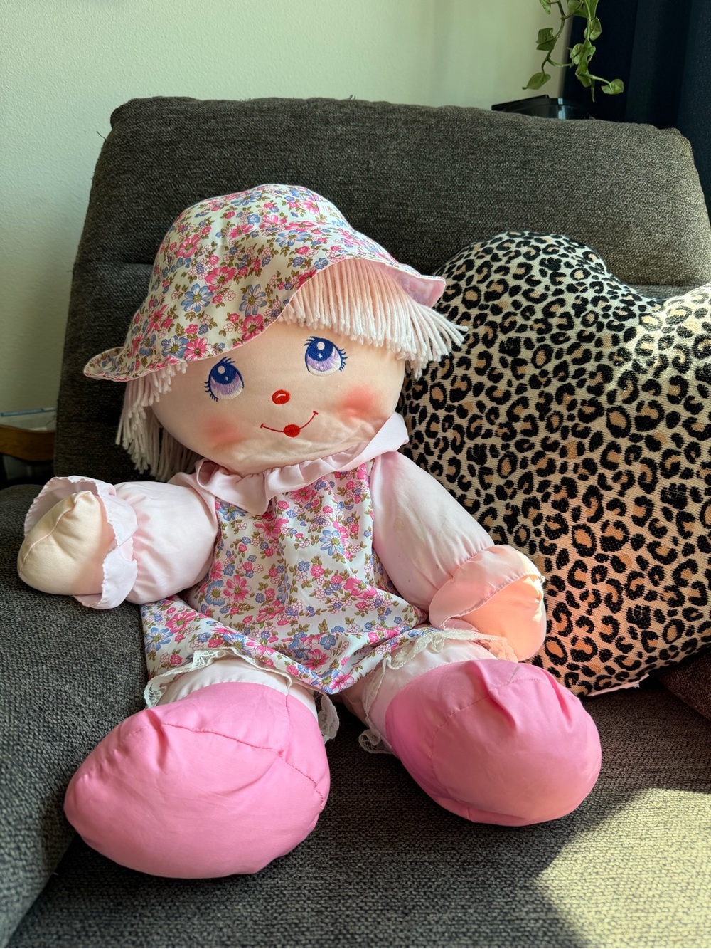 Vintage Jumbo 25” Plush Floral Hat Rag Doll - Pink